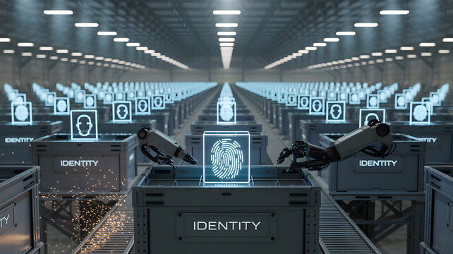 Robotic arms analyzing digital fingerprint in warehouse setting - Powered by Adobe