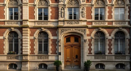 Obraz premium Ornate Building Facade with Arched Windows and Intricate Details.