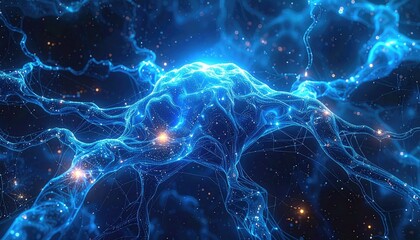 Abstract Blue Network with Glowing Particles Background Image Showing Interconnected Lines with Luminous Dots on Dark Backdrop Creating a Modern Technological Feel