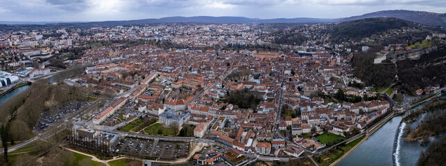 Aerial panoramic view around the old town and city Besançon or Besancon in France on a sunny afternoon