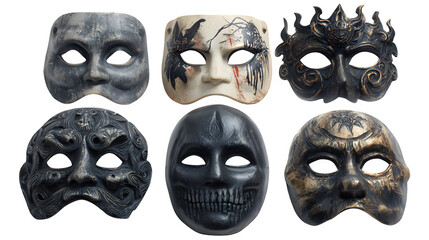 Set of spooky Halloween masks in assorted styles, isolated on white background