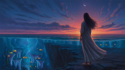 Woman watching bioluminescent underwater city at sunset from cliff edge