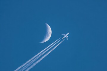 Airplane in the sky near the moon