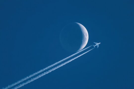 Airplane trails, moon, deep blue sky - Powered by Adobe