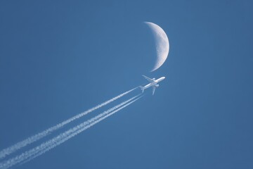 Airplane in flight, crescent moon, clear sky