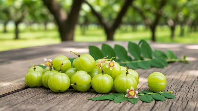 Fresh Indian gooseberries (Amla) piled on a rustic wooden table with leaves and small flowers, set against a lush green orchard background.