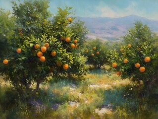 Orange Orchard with Lush Green Trees and Distant Hills, Sunny Landscape