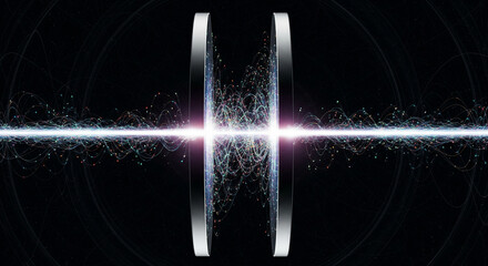 Conceptual illustration of a high-energy particle collision, depicting a luminous stream of subatomic matter passing through magnetic rings