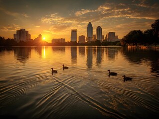 Naklejka premium Cityscape at Sunset with Calm Water and Ducks Swimming