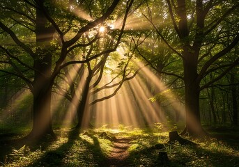 Obraz premium Sunlight filtering through trees creating ethereal glow on forest floor