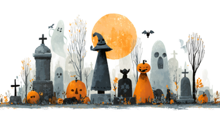 Transparent Halloween art icon featuring pumpkin, sorceress, moon, bat, ghost, and cemetery theme, isolated on white background