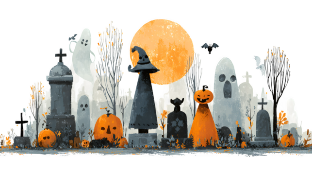 Transparent Halloween art icon featuring pumpkin, sorceress, moon, bat, ghost, and cemetery theme, isolated on white background