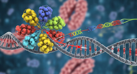A detailed scientific illustration of the DNA replication process showing the helicase enzyme unwinding the double helix for genetic synthesis