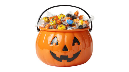Trick-or-treat jack-o-lantern candy bucket filled with sweets, isolated on white background