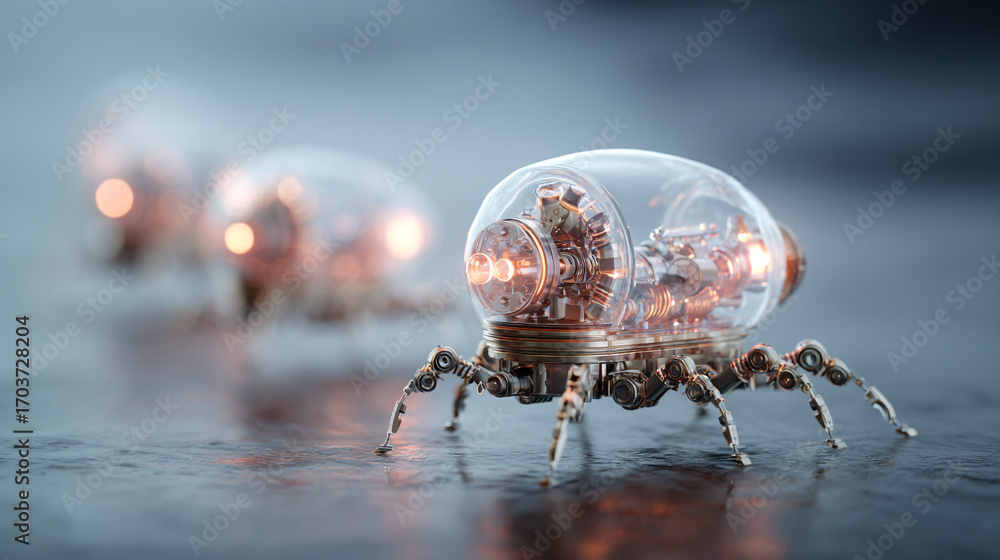 Poster futuristic robotic spider transparent body intricate design walking on sleek surface multiple robots