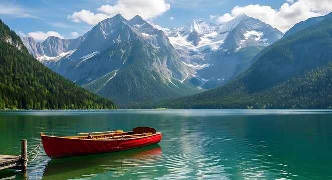 Red boat on a serene lake with mountains.