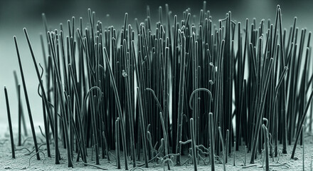 Abstract microscopic view of a dense forest of dark vertical filaments or nanowires under high magnification