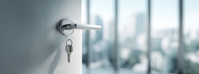 A white door with a metallic handle and key, opening onto a blurred cityscape view