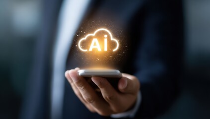 Businessman holds a phone displaying a glowing AI cloud graphic