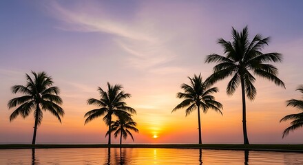 Obraz premium Sunset over a tropical beach with palm trees.