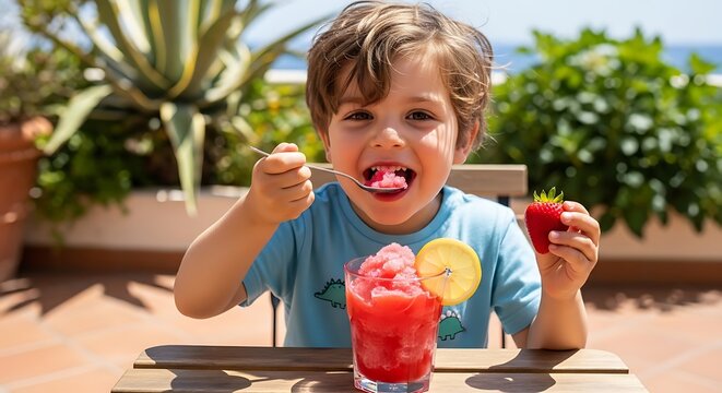 Young boy enjoying a refreshing strawberry slushy on a sunny day outdoors.