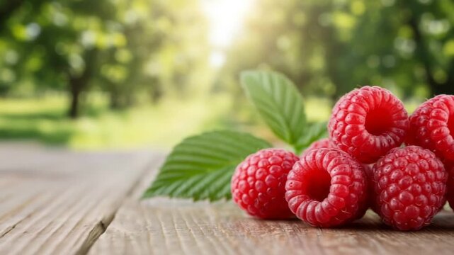Fresh red raspberries and a green leaf resting on a rustic wooden table with a sunlit natural background.