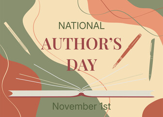 National Author's Day Opened Book Pens Abstract Background