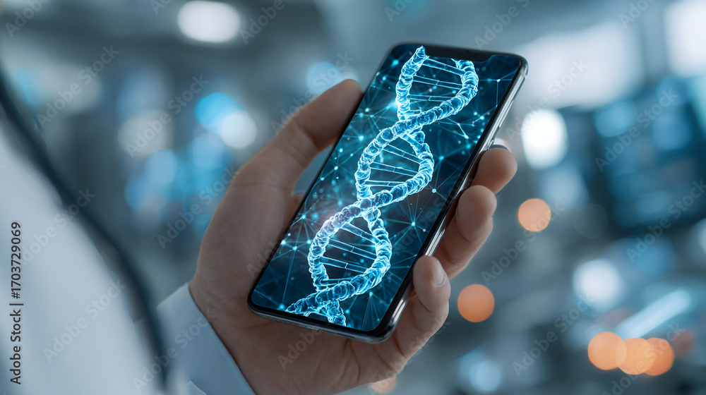 Poster a hand holds a phone displaying a dna strand digital model in a lab setting