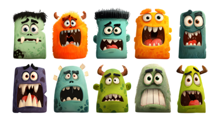 Twelve cartoon monster faces with expressive Halloween emotions, isolated on white background