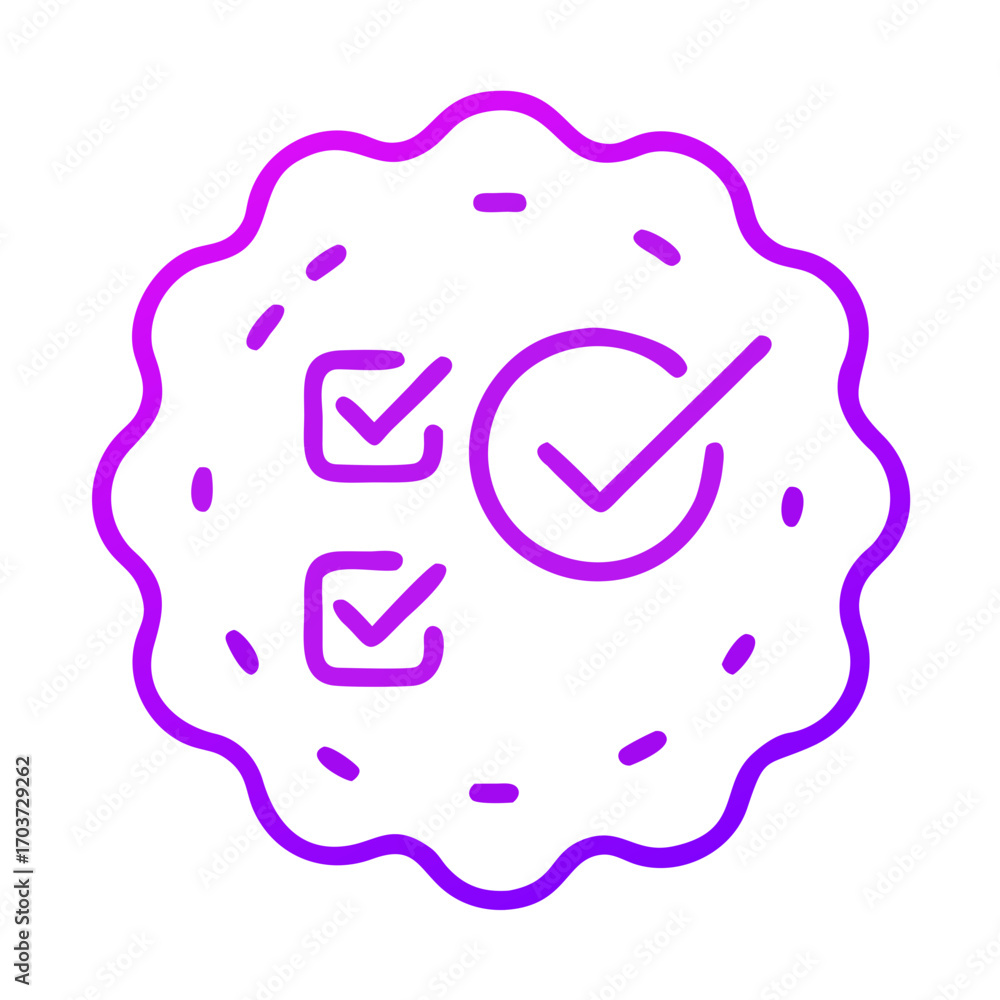 Poster circular badge with checklist and check marks in purple outline