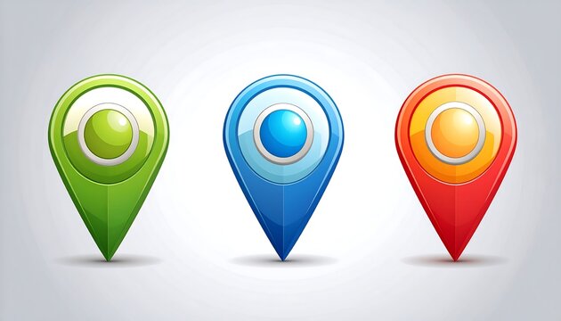 Three colorful map markers, green, blue, and red, with glossy, 3D effect