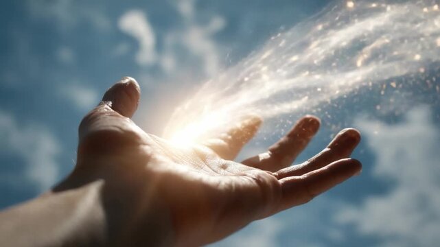 Reaching for Brilliance: A hand, outstretched towards a luminous burst of light and energy against a bright, cloud-speckled sky. A depiction of boundless possibility, creativity, and innovation.