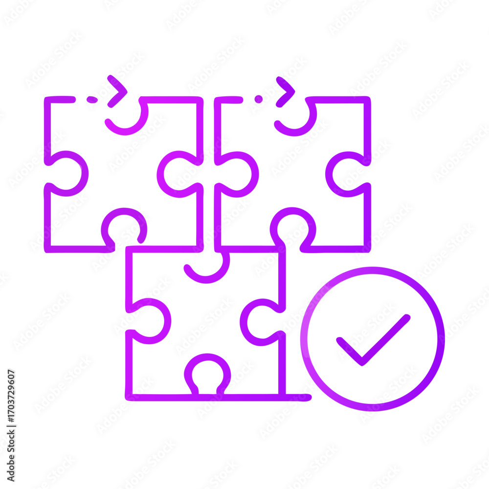 Poster puzzle pieces connecting with check mark symbol in purple color