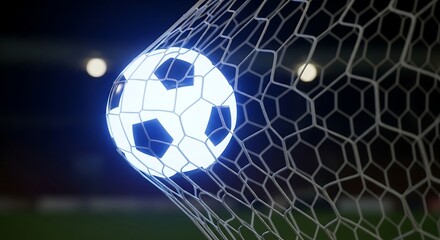 A glowing blue futuristic soccer ball hits the back of the net, scoring a dramatic goal in a stadium.