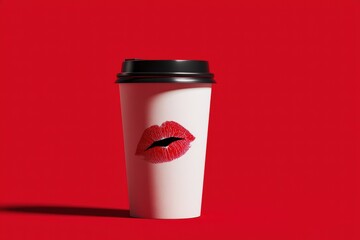 White coffee cup with red lips print on a red background