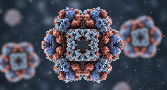 A microscopic view of a complex virus particle, a high-resolution 3D rendering of a protein capsid representing scientific research and innovation
