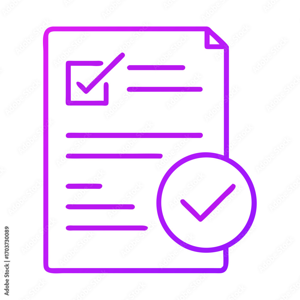 Poster checklist document with a tick mark symbol in purple outline