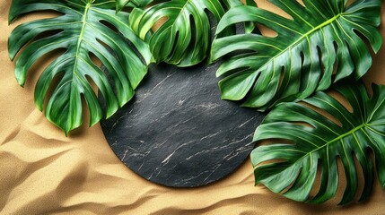 Dark round plate, tropical leaves on beige sand