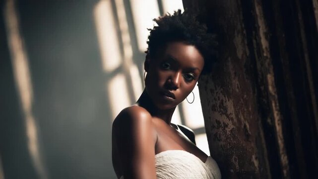 Portrait of a woman with short natural hair wearing a white strapless dress, leaning against a weathered pillar in a moody, dimly lit setting.