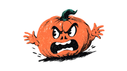 Vintage retro Halloween pumpkin cartoon mascot with expressive gestures, isolated on white background
