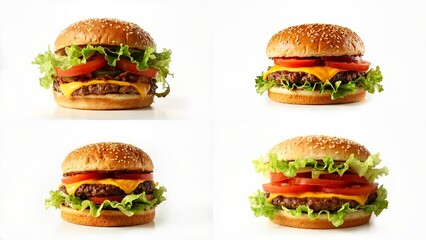 Four pictures of a hamburger on white background composition gesture figure emotion elements layers colorful style motion backgrounds depth frame cartoonish illustration creative movement