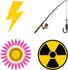 Set of four icons lightning bolt, fishing rod, flower and radiation symbol