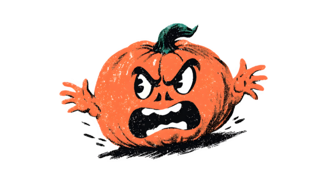Vintage retro Halloween pumpkin cartoon mascot with expressive gestures, isolated on white background