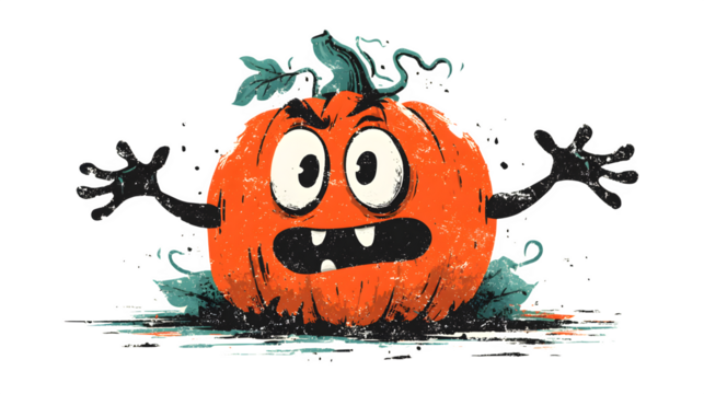 Vintage retro Halloween pumpkin cartoon mascot with expressive gestures, isolated on white background