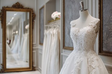 Elegant bridal gowns in a luxurious shop