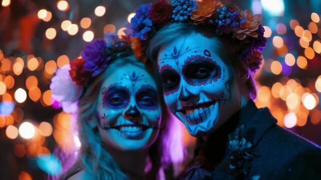 Couple in colorful floral headdresses and skull makeup poses for Dia de Muertos.