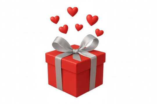 3d rendered red gift box featuring silver ribbon, levitating hearts against transparent backdrop, symbolizing romantic celebration or heartfelt moment