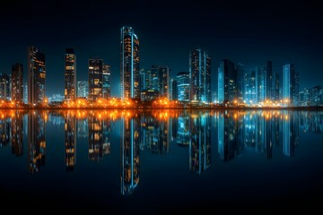 City skyline at night with illuminated buildings reflected in a calm waterfront