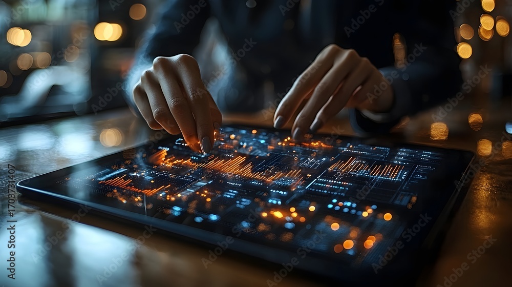 Aufkleber fingers interact with a glowing digital tablet displaying complex data charts and analytics symboliz