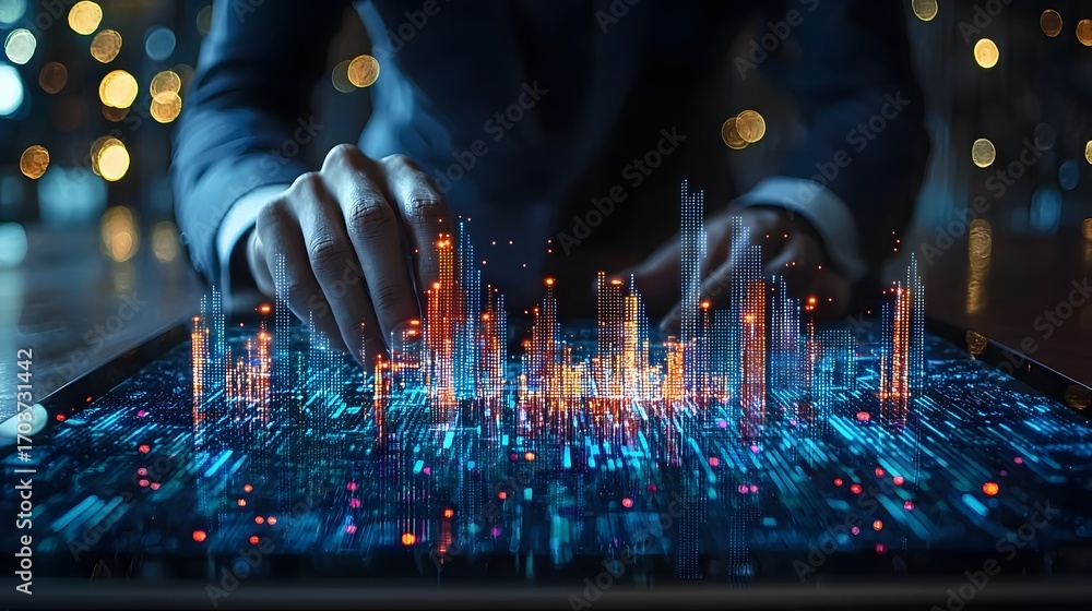 Poster a person s hands interacting with a dynamic holographic data visualization projected from a tablet s